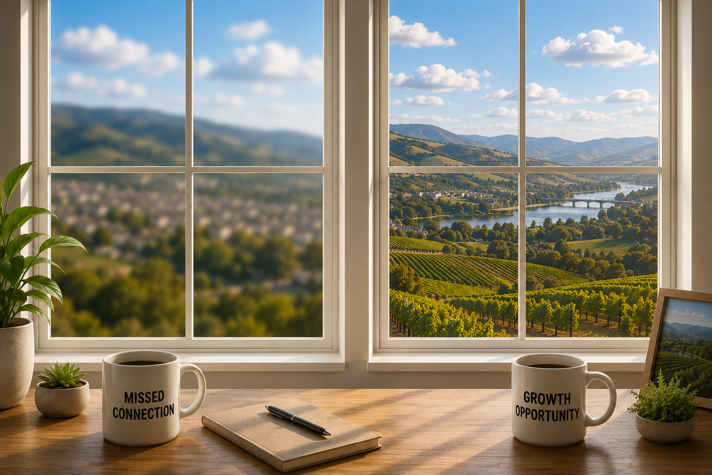 A Sonoma County view — one window blurred (the missed connection), one clear (the growth opportunity), with two coffee mugs on the sill